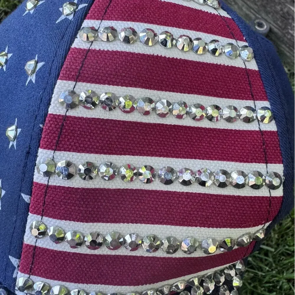 American Flag Bedazzled Rhinestones Patriotic Navy Blue Bling Trucker Hat